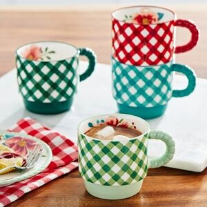 🎄 SALE Merry Meadow Gingham 5-Piece 12.5 oz Stacking Mugs with Rack